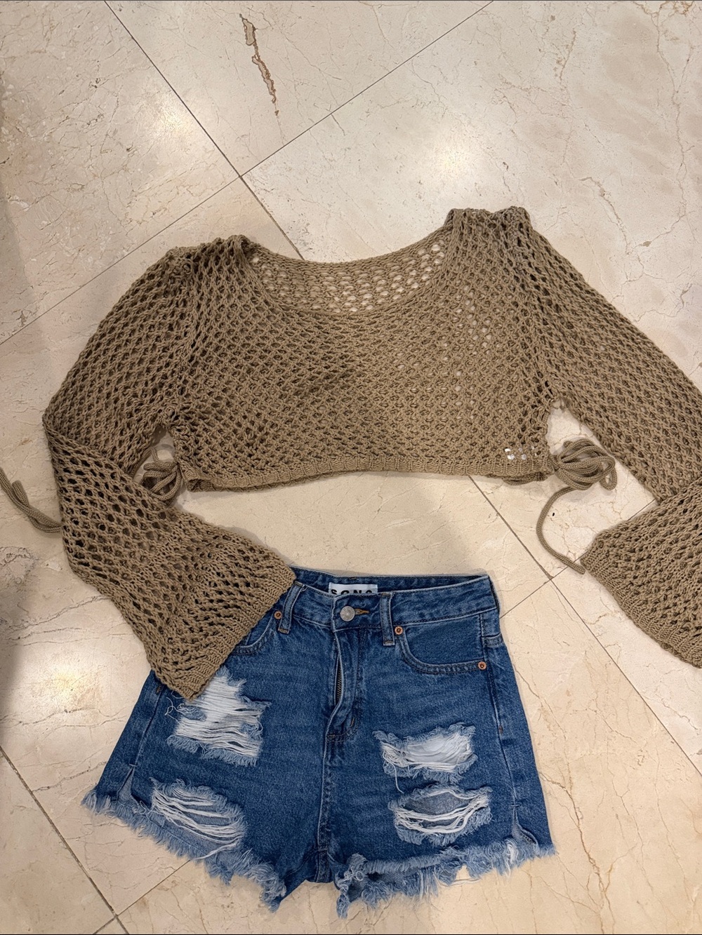 Crochet boho Drawstring Crop Top in Taupe- like new - super soft